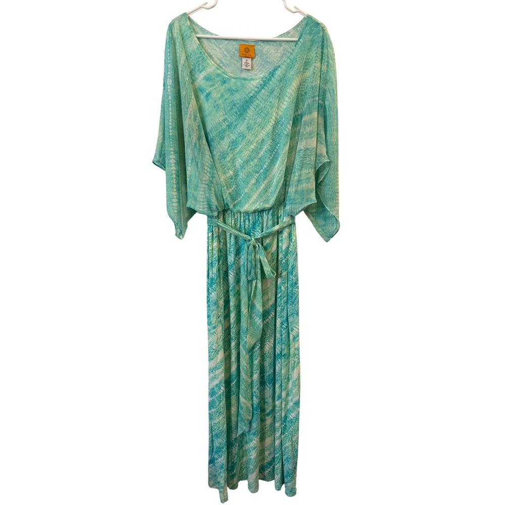 Ruby Rd Woman 1X Teal Green Tie Dye Kaftan Maxi Dress Boho Beach Tropical XXL‎